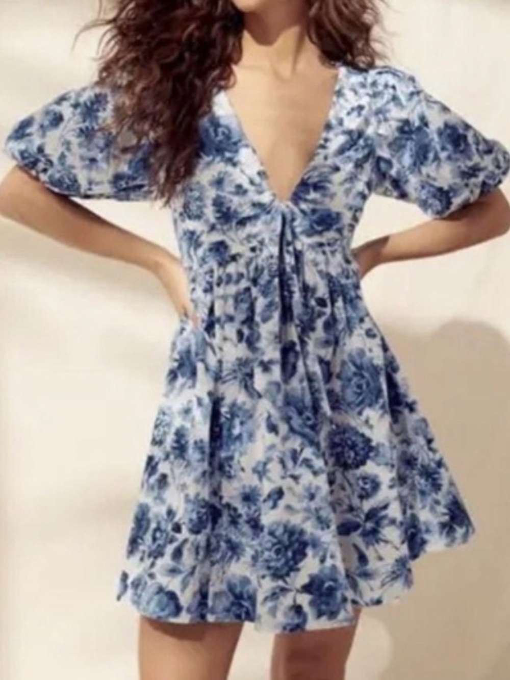 Abercrombie & Fitch Puff Sleeve Tie Front Floral Mini Dress XS Petite Blue